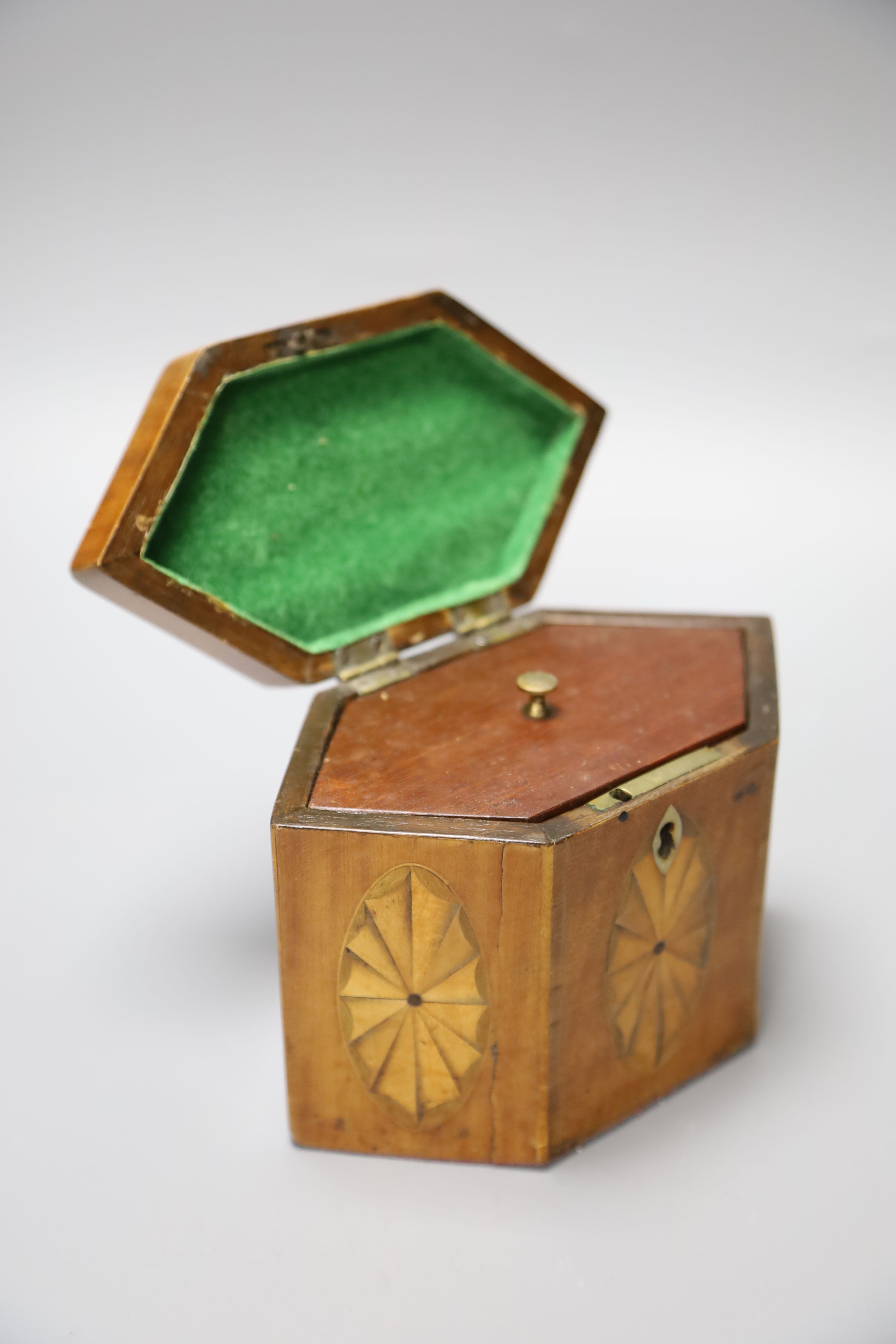 A George III oval marquetry tea caddy and a hexagonal caddy. tallest 11.5cm